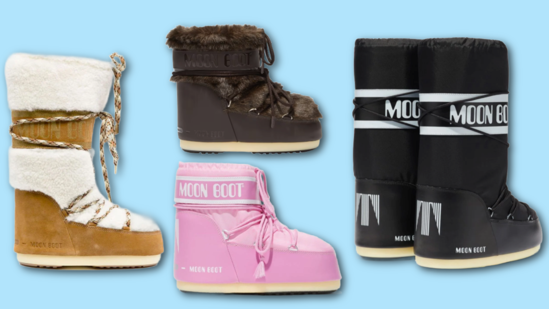 Bilde av fire ulike modeller av den populære skoen Moon Boots. På bilde ser du en Høy moon boots med pels og en modell i sort. I tillegg ser du to lave moon boots. Et par i rosa og et par i brun fuskepels. Vi har samlet En rekke populære vintersko fra Moon Boots.
