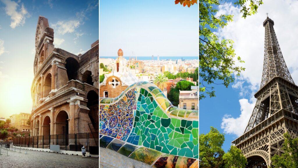 Collage av storbyer i Europa som Roma, London og Barcelona. Vi har samlet storbyferier i Europa til steder som London, Roma, Barcelona, Berlin og Paris.