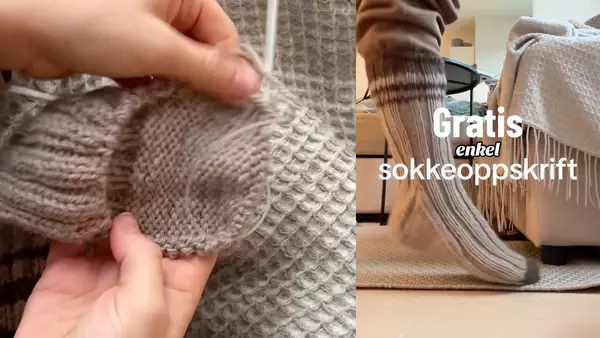 Sokk som strikkes, og en ferdig strikket ullsokk på en fot.