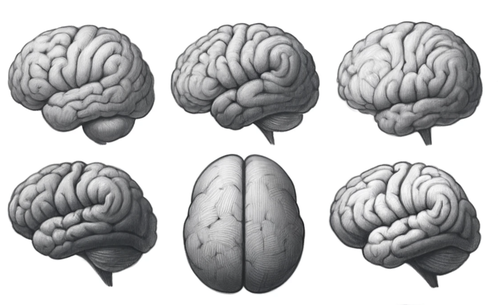 Bilde av 6 hjerner som alle ser ut til å være tegnet for hånd og med gråblyant i svart hvitt.Vi har snakket med hjerneforsker Ole Petter Hjelle som forteller hvorfor det anbefales at man pusser tennene med feil hånd, og hvordan det kan påvirke hjernefunksjonen, kreativitet, hukommelse og mye mer.