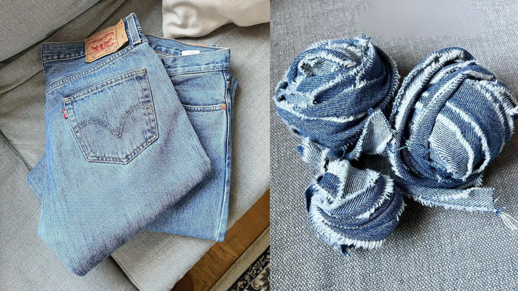 Gamle slitte olabukser, klippet opp i strimler. DIY prosjekt med gamle jeans.