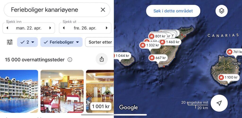 Skjermbilde av Google maps som viser hvor man kan finne ferieboliger på Kanariøyene. Her får du gode tips til hvordan du unngår å bli svindlet når du leier ferieboliger på Kanariøyene.