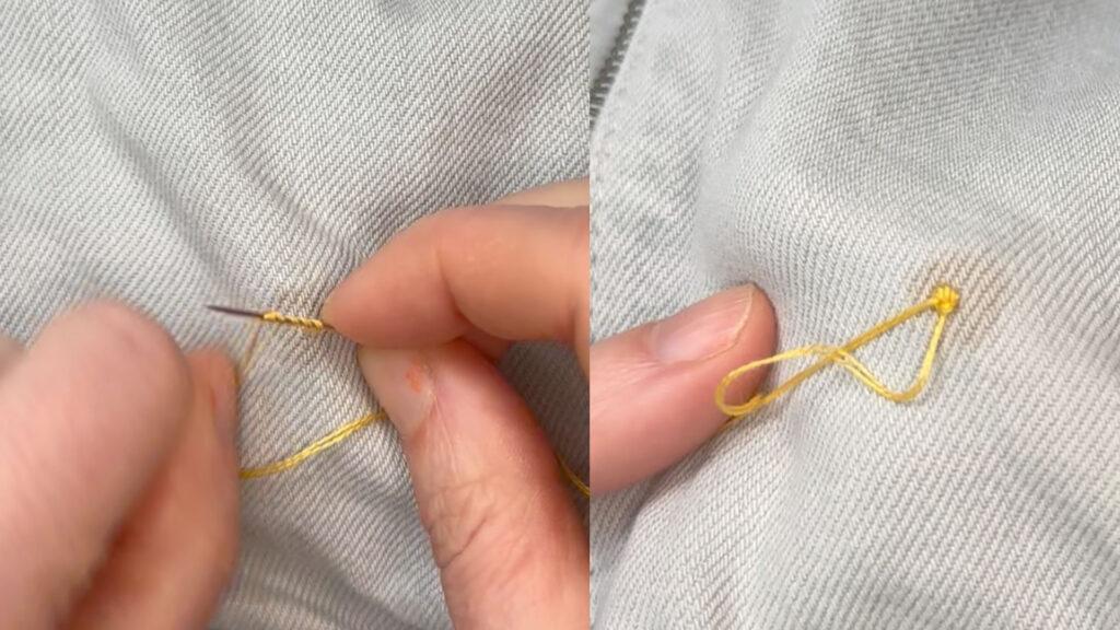 To bilder av nål med gul tråd som broderer en fransk knute