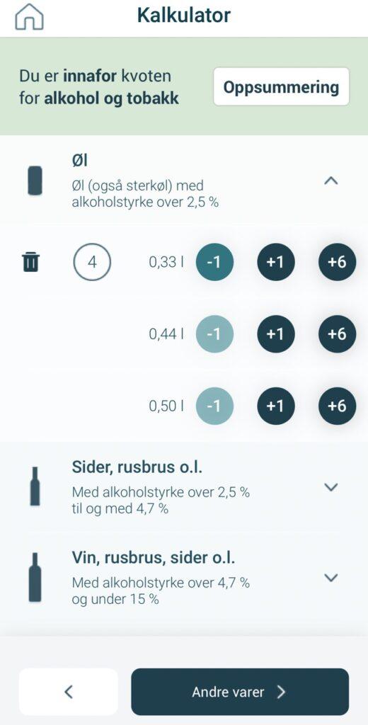 Skjermbilde fra Kvote-appen til Tolletaten i Norge. Vi forklarer kvote-reglene i Norge du må forholde deg til. Her finner du kvoten på tobakk og alkohol, samt verdigrensen.
