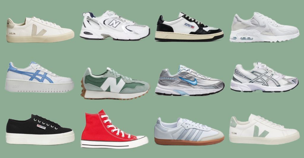 På bilde ser du 12 ulike sneakers til dame som er populære våren 2024. På bilde ser du sneakers og vårsko fra merkser som Nike, Adidas, Convers, Superga og Asics.
