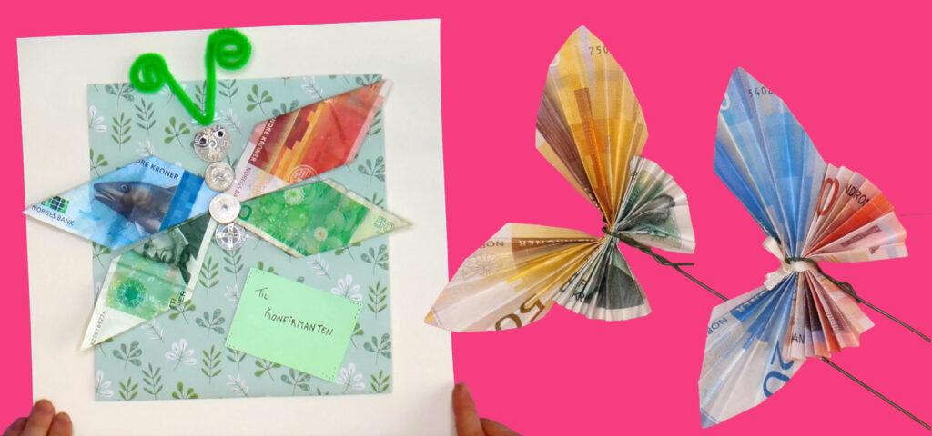 To ulike typer sommerfugler laget av sedler og mynter. Vi viser hvordan du lager en kreativ pengegave som ser ut som sommerfugler.