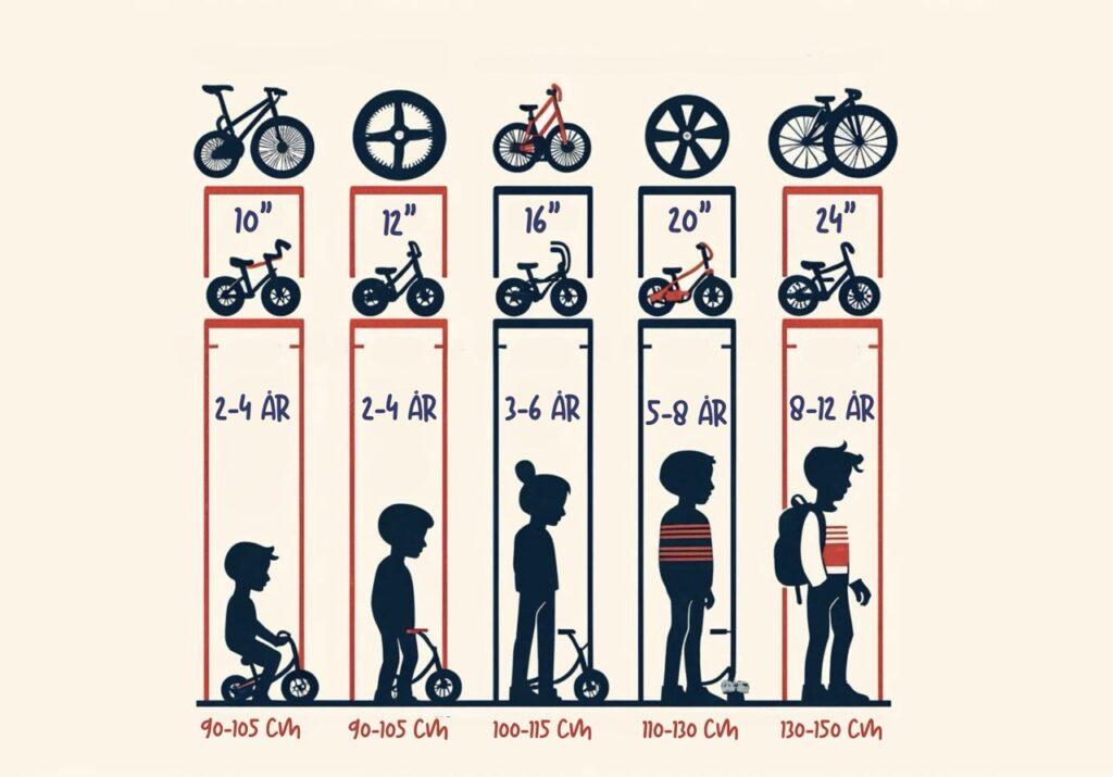 Tabell som viser riktig størrelse i tommer og hjuldiameter, på sykkel til barn. Størrelsen tar utgangspunkt i barnets alder, antall år og høyde.