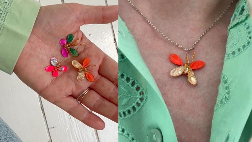 To bilder: En hånd med tre små sommerfugler laget av neglelakk i. En hals med en sommerfugl hengende på halsskjedet