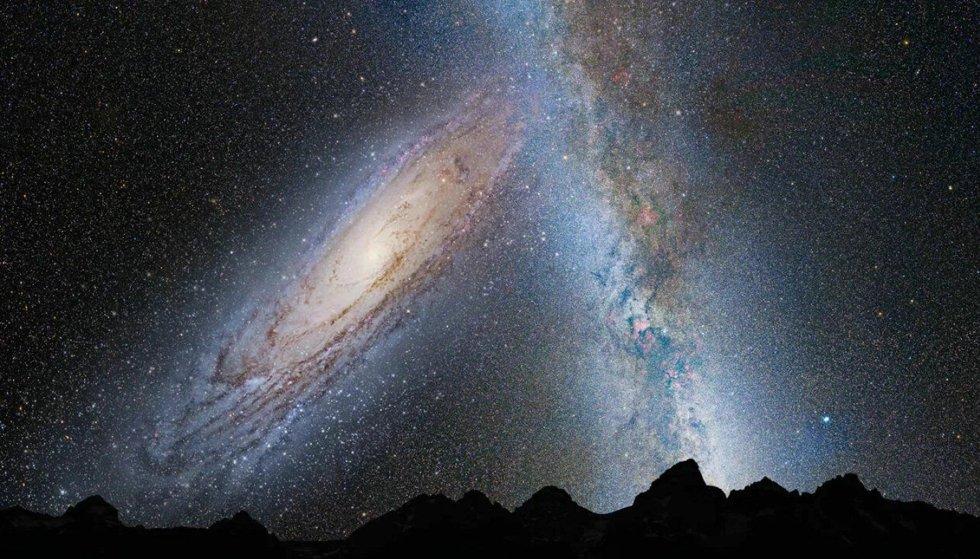 Qui la Galassia di Andromeda viene rilasciata nel cielo notturno come la conosciamo dalla Terra.  Ecco come potrebbe apparire tra circa quattro miliardi di anni, se qualcuno potesse osservare la collisione.  (Immagine: NASA, ESA, Z. Levi, R. van der Marel, STScI, T. Halas e A. Mellinger)