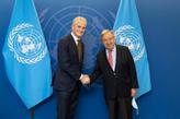 Støre skal blant annet møte FNs generalsekretær António Guterres. Her fra et tidligere møte mellom de to. Foto: Pontus Höök / NTB