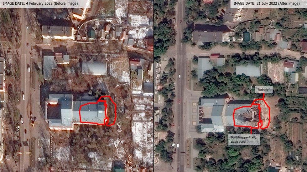 La foto mostra un luogo di culto a Mykolachev.  La foto a sinistra è stata scattata il 4 febbraio e la foto a destra il 21 luglio.  Foto: Maxar Technologies/Unosat/AP/NTB