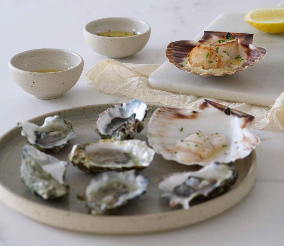 Raw oysters and scallops Photo: Monica Friedrich Johannessen / Design: Marthe Bergan Osen